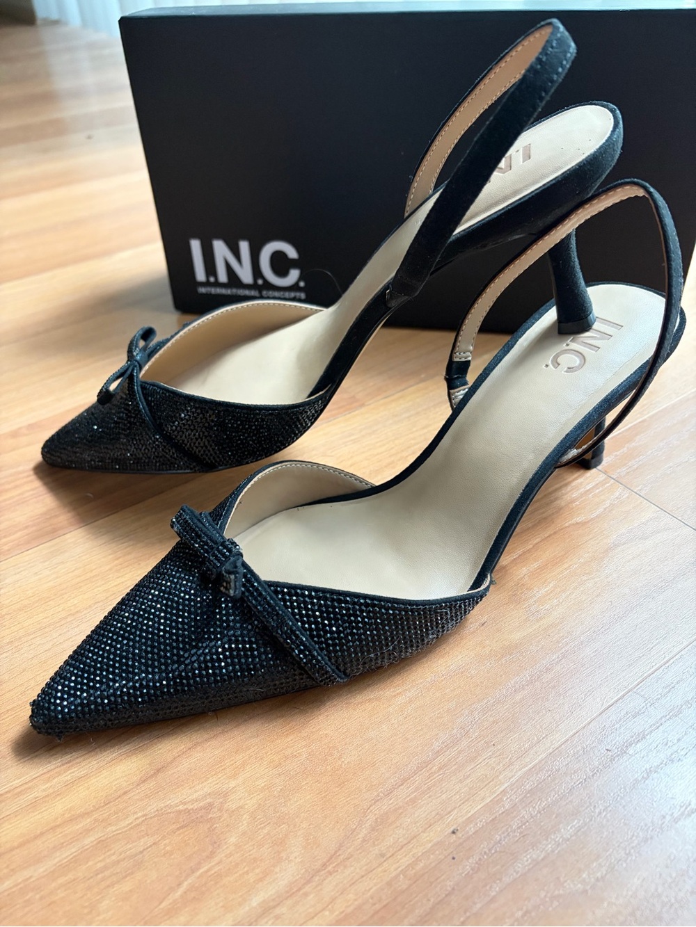 I.N.C. Slingback Kitten-Heel Shoes in black with rhinestone embellishments 9.5